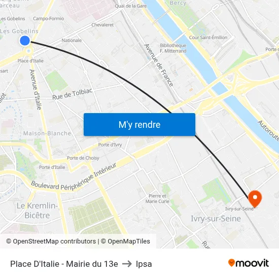 Place D'Italie - Mairie du 13e to Ipsa map