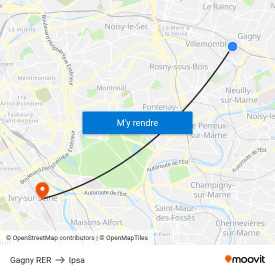 Gagny RER to Ipsa map