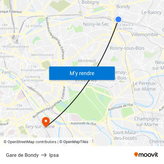 Gare de Bondy to Ipsa map