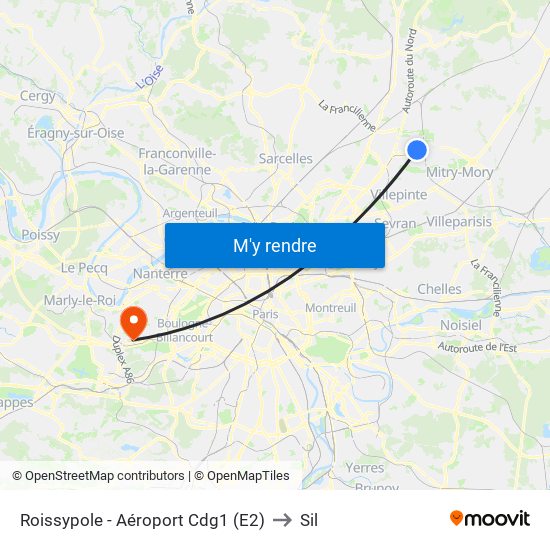 Roissypole - Aéroport Cdg1 (E2) to Sil map