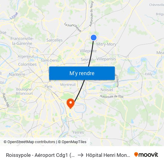 Roissypole - Aéroport Cdg1 (D3) to Hôpital Henri Mondor map