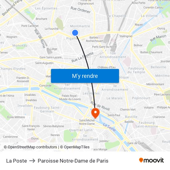 Paris Abbesses to Paroisse Notre-Dame de Paris map