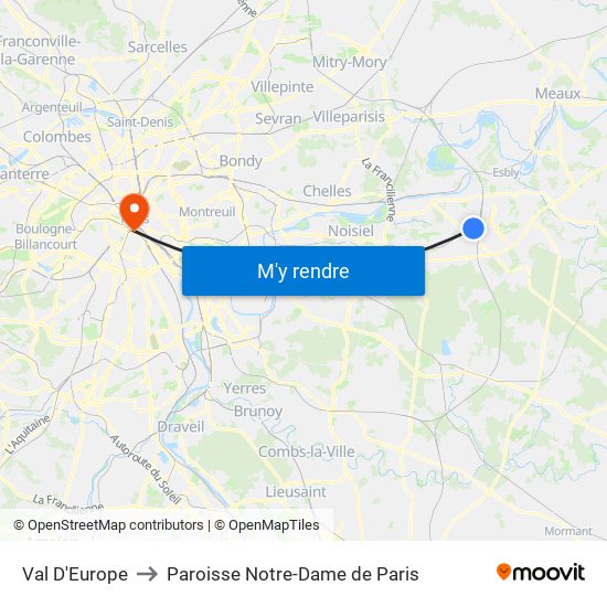 Val D'Europe to Paroisse Notre-Dame de Paris map