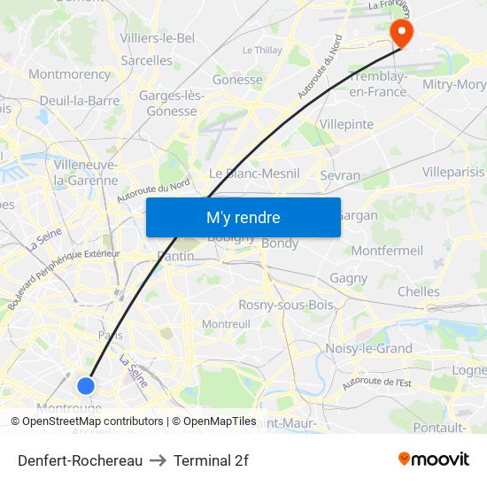Denfert-Rochereau to Terminal 2f map