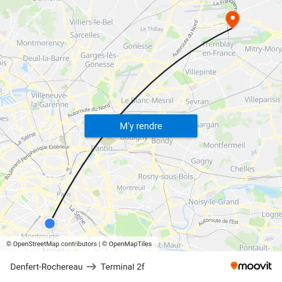 Denfert-Rochereau to Terminal 2f map