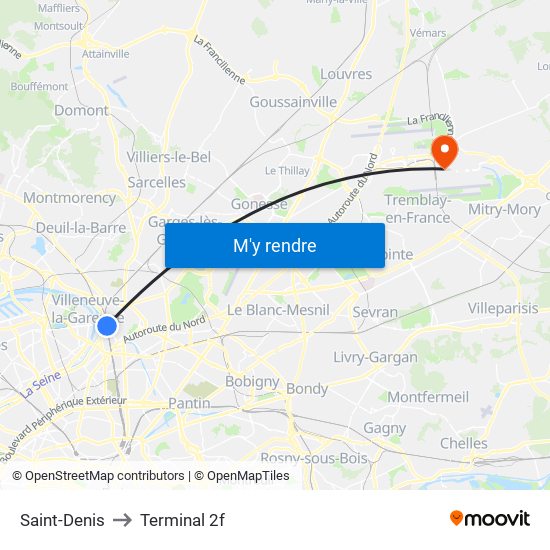 Saint-Denis to Terminal 2f map