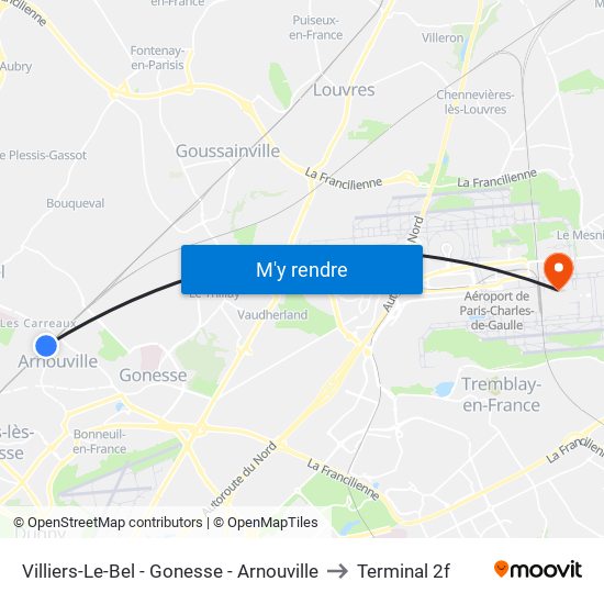Villiers-Le-Bel - Gonesse - Arnouville to Terminal 2f map