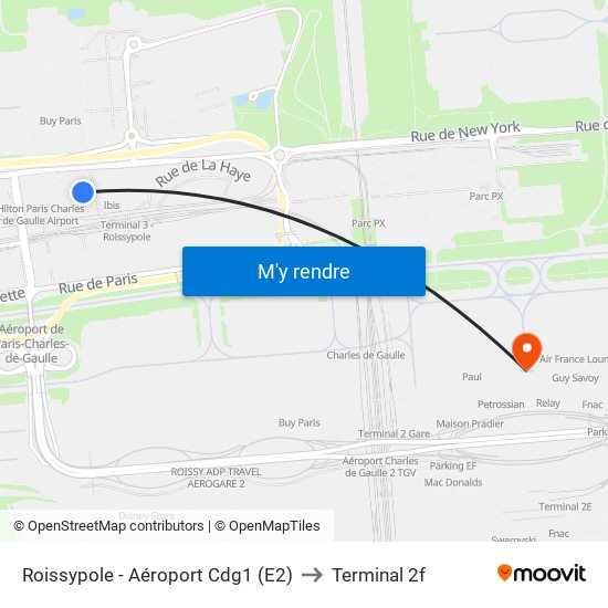 Roissypole - Aéroport Cdg1 (E2) to Terminal 2f map