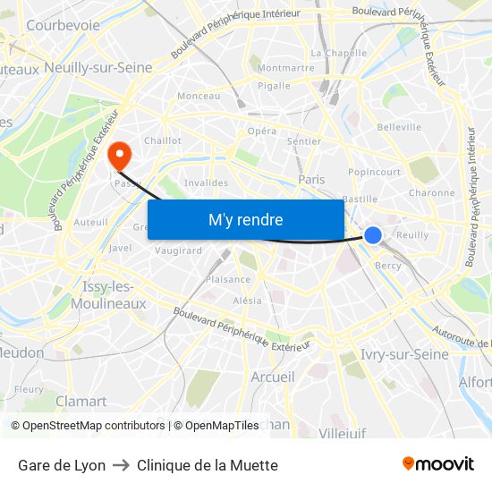 Gare de Lyon to Clinique de la Muette map