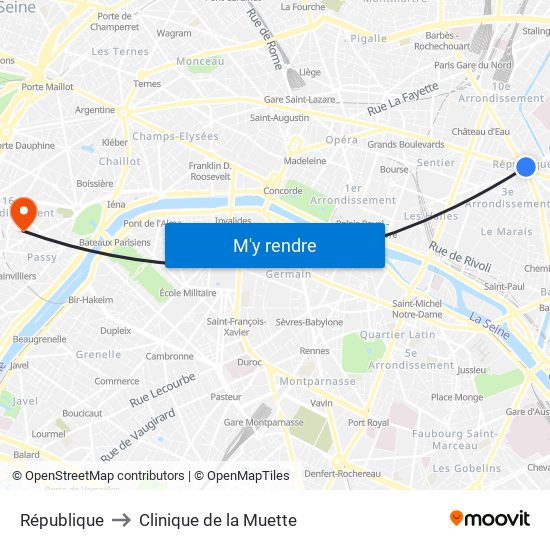 République to Clinique de la Muette map