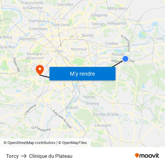 Torcy to Clinique du Plateau map