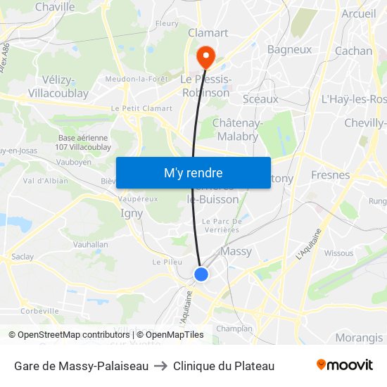 Gare de Massy-Palaiseau to Clinique du Plateau map