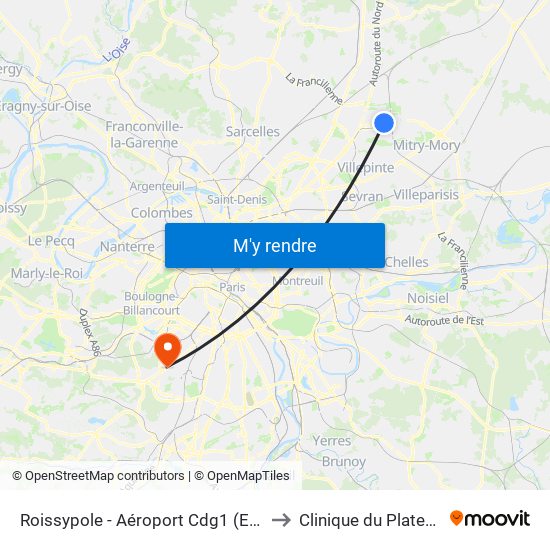 Roissypole - Aéroport Cdg1 (E2) to Clinique du Plateau map