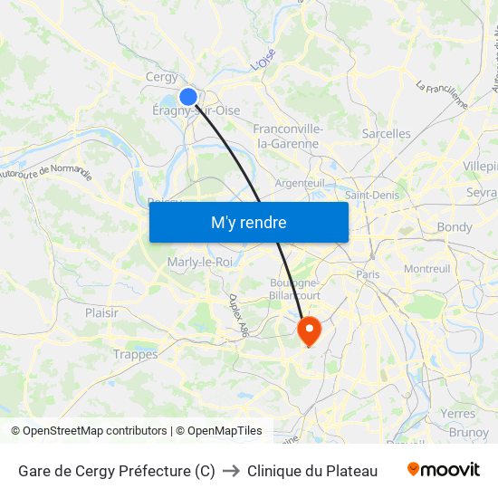 Gare de Cergy Préfecture (C) to Clinique du Plateau map