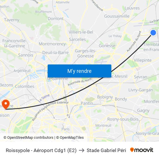 Roissypole - Aéroport Cdg1 (E2) to Stade Gabriel Péri map