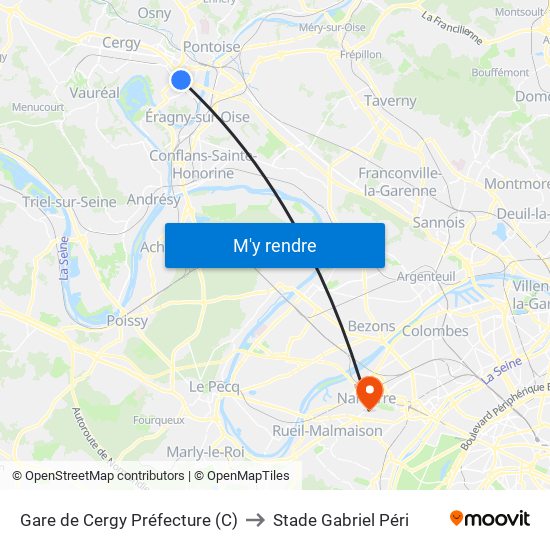 Gare de Cergy Préfecture (C) to Stade Gabriel Péri map