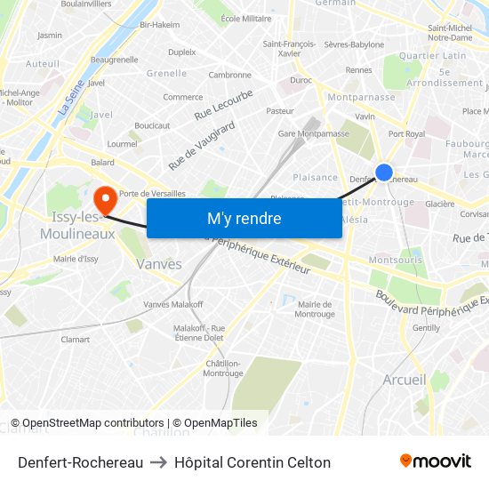 Denfert-Rochereau to Hôpital Corentin Celton map