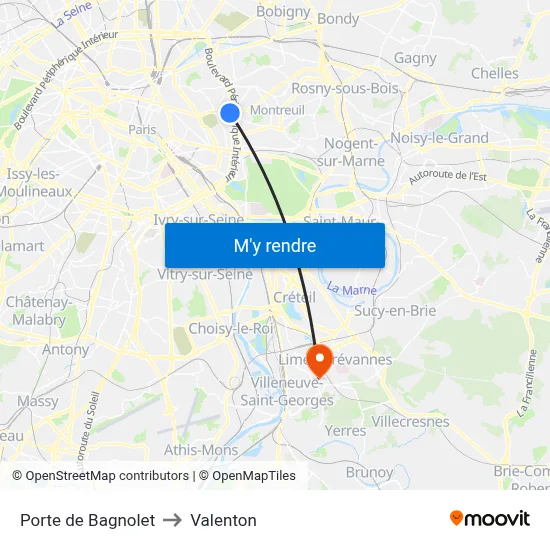Porte de Bagnolet to Valenton map