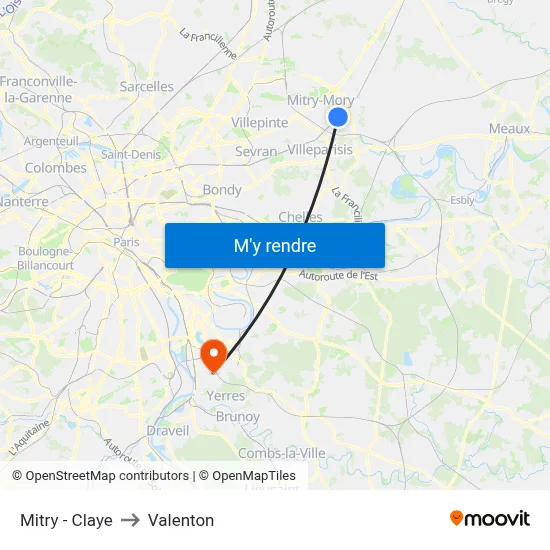 Mitry - Claye to Valenton map