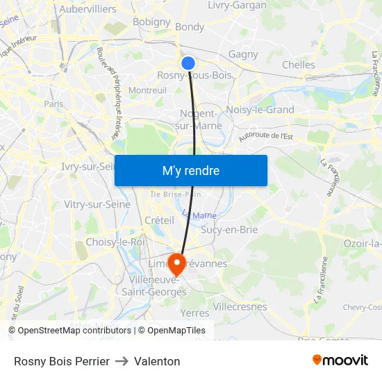 Rosny Bois Perrier to Valenton map
