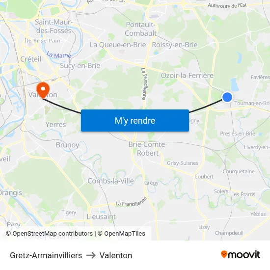 Gretz-Armainvilliers to Valenton map