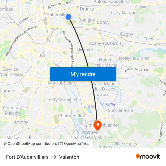 Fort D'Aubervilliers to Valenton map