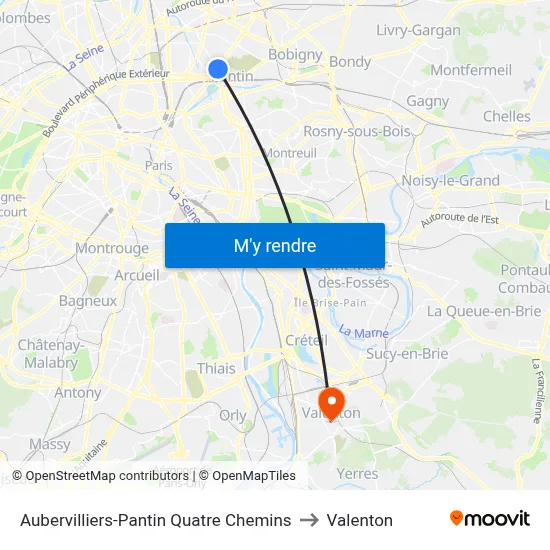 Aubervilliers-Pantin Quatre Chemins to Valenton map