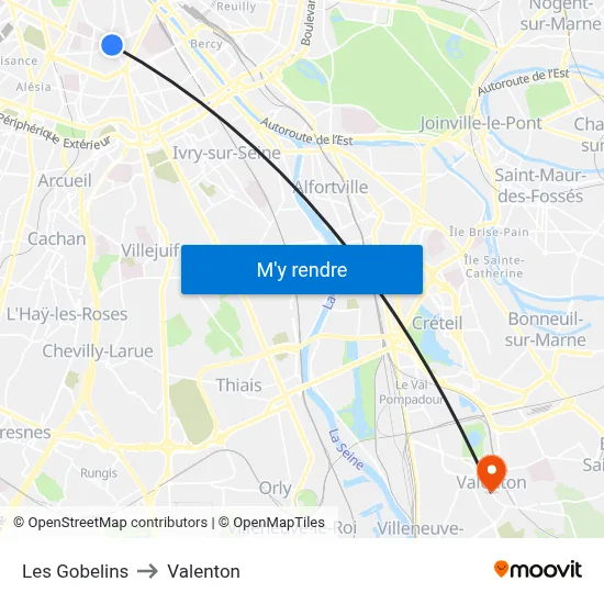 Les Gobelins to Valenton map