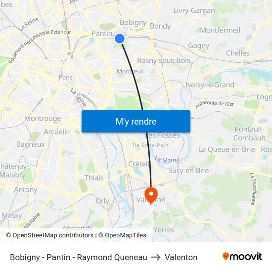 Bobigny - Pantin - Raymond Queneau to Valenton map