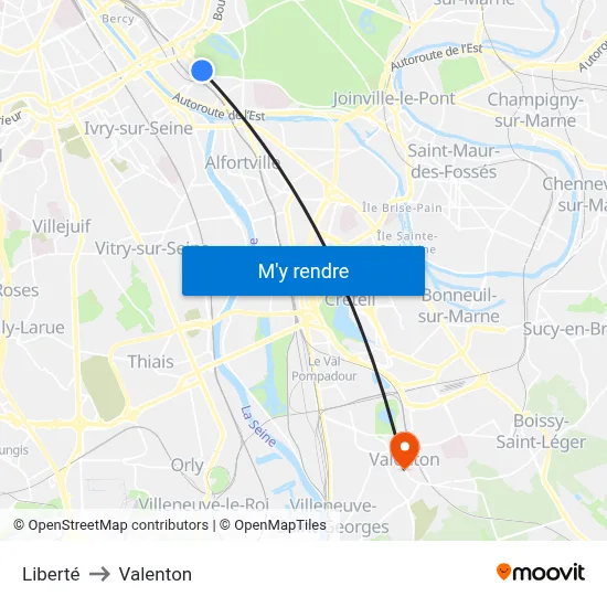 Liberté to Valenton map