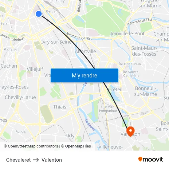 Chevaleret to Valenton map