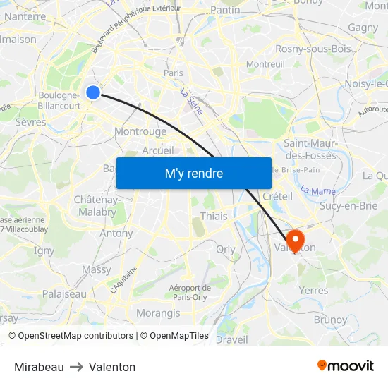 Mirabeau to Valenton map