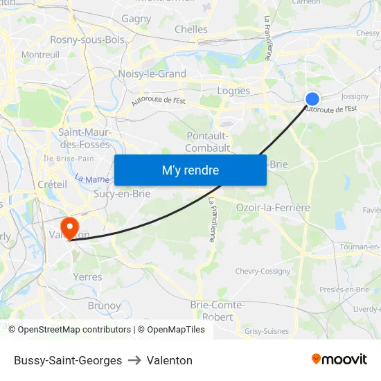 Bussy-Saint-Georges to Valenton map