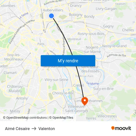 Aimé Césaire to Valenton map