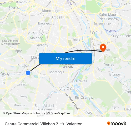 Centre Commercial Villebon 2 to Valenton map