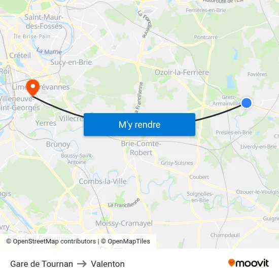 Gare de Tournan to Valenton map