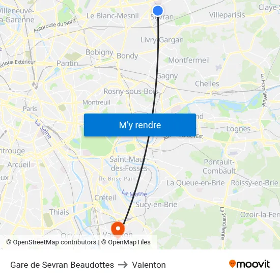 Gare de Sevran Beaudottes to Valenton map