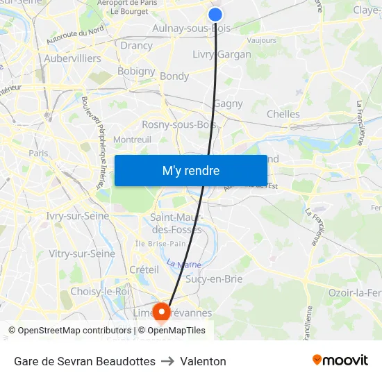 Gare de Sevran Beaudottes to Valenton map