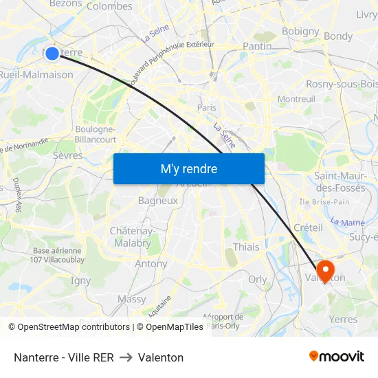 Nanterre - Ville RER to Valenton map