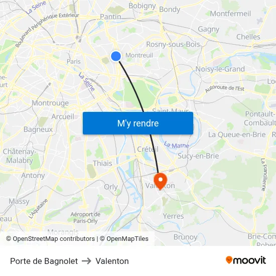 Porte de Bagnolet to Valenton map