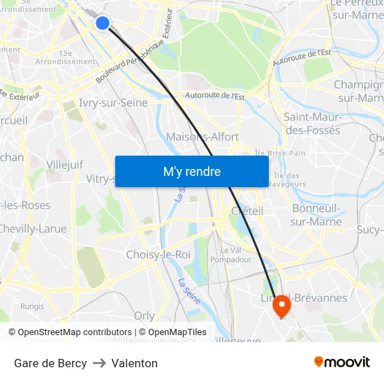 Gare de Bercy to Valenton map