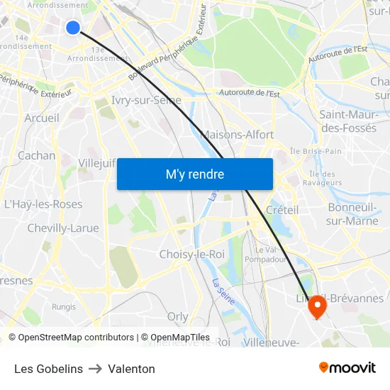 Les Gobelins to Valenton map