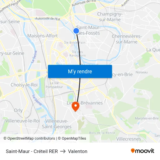Saint-Maur - Créteil RER to Valenton map