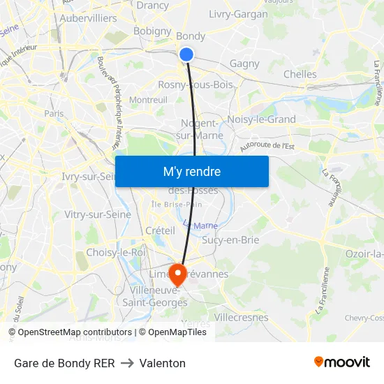 Gare de Bondy RER to Valenton map