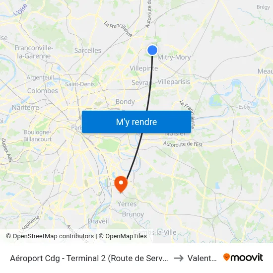 Aéroport Cdg - Terminal 2 (Route de Service) to Valenton map