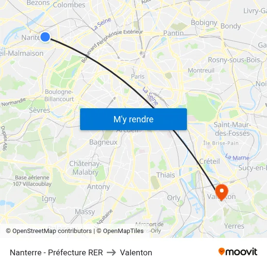 Nanterre - Préfecture RER to Valenton map