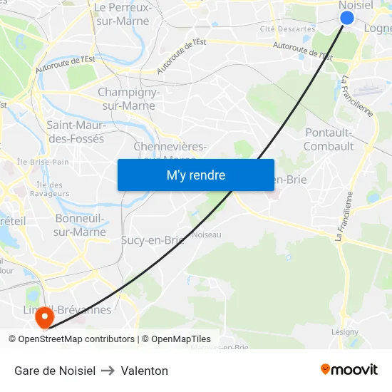 Gare de Noisiel to Valenton map