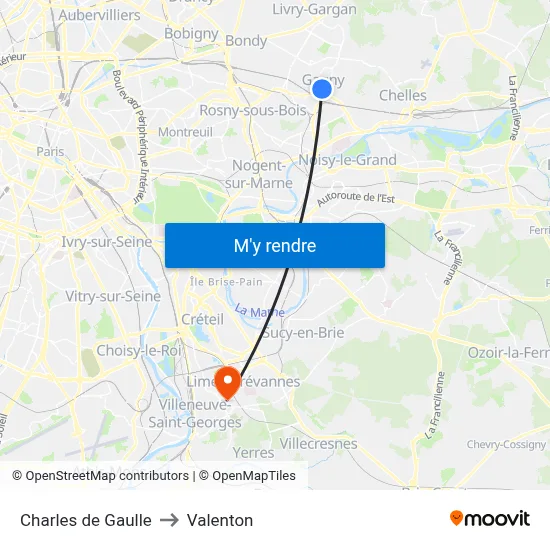 Charles de Gaulle to Valenton map