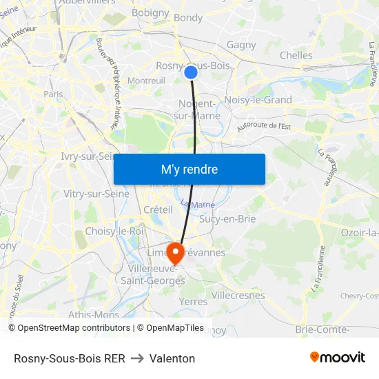 Rosny-Sous-Bois RER to Valenton map