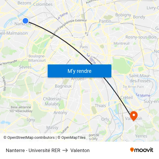 Nanterre - Université RER to Valenton map